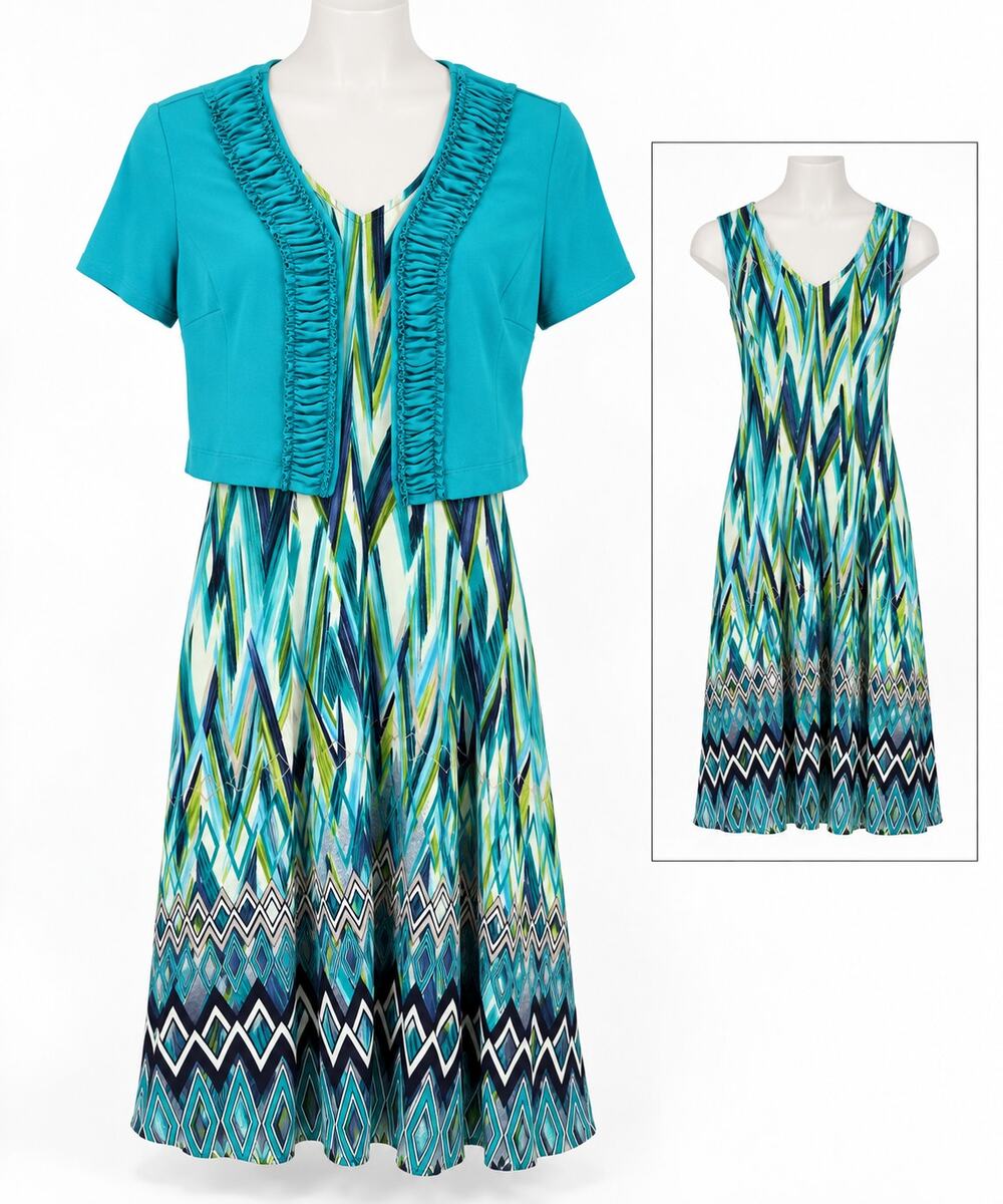 Danny And Nicole 2 Piece Dress Jacket Set Geometric Ruffle Teal Womens PS Petite